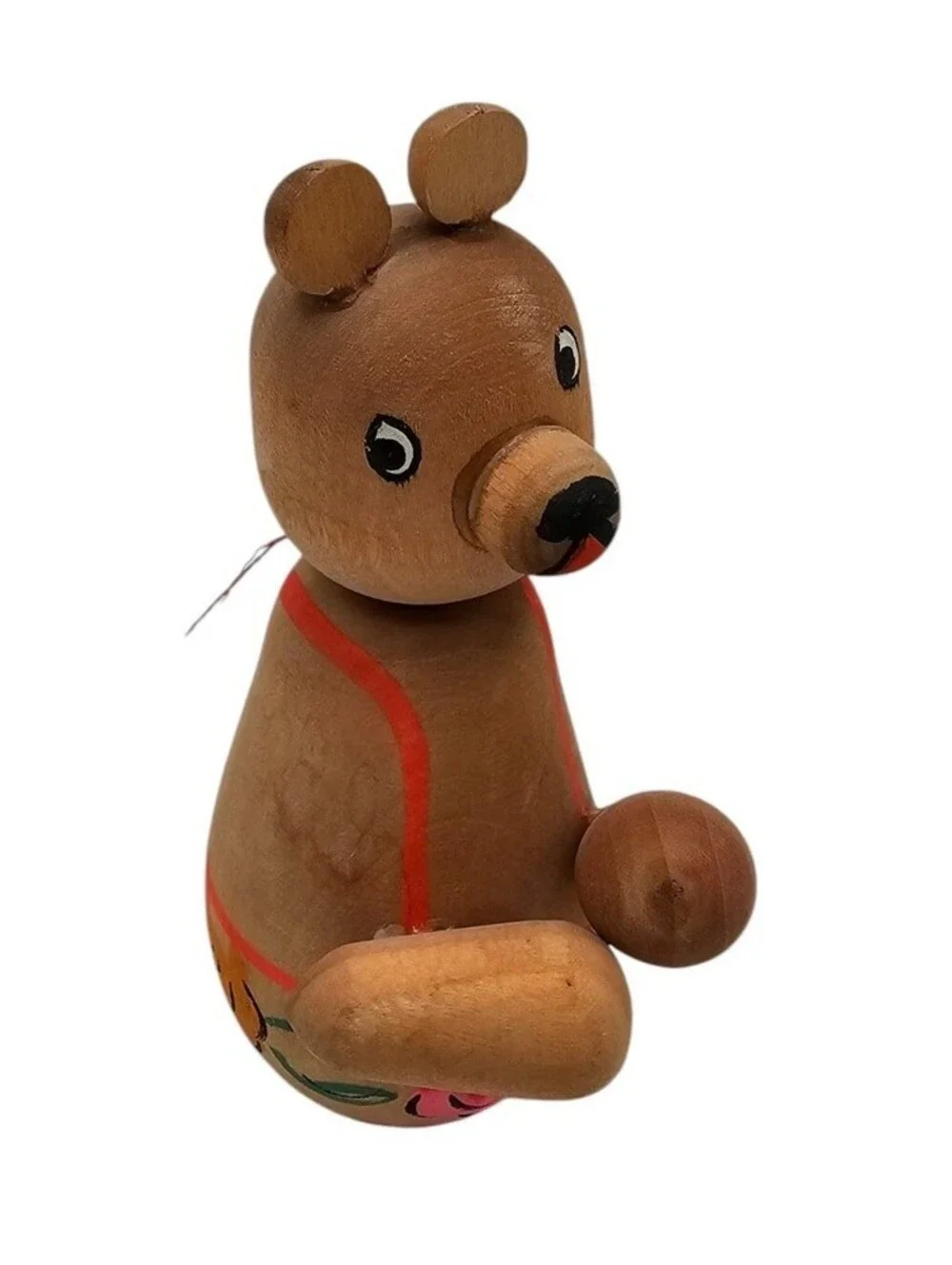 Vintage Russian Folk Art Wood Brown Bear Figurine Hand Painted Flowers 4.5”